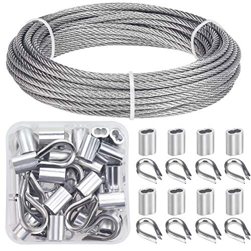 Product Cover Favordrory Cable Railing Kits Includes 1/8 Inch x 33 Feet 304 Stainless Steel Wire Rope Cable, 50 Pieces Aluminum Crimping Sleeves and 12 Pieces Thimbles for Railing, Decking, Picture Hanging