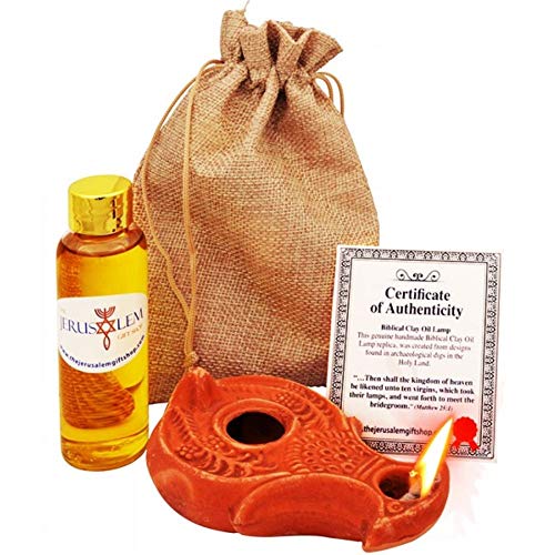 Product Cover Herodian - Wise Virgins - Biblical Replica Ancient Oil LAMP and Flask of Olive Oil from Bethlehem in Sackcloth Gift Bag & Certificate of Authenticity Hanukkah-Judaica/Christian Gift