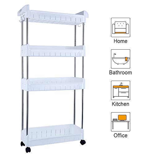 Product Cover Aogist 4-Tier Slim Storage Cart Mobile Shelving Unit Slide Out Storage Tower for Kitchen Bathroom Laundry Room Narrow Places(White)