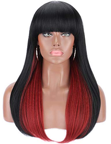 Product Cover Kalyss 22 Inches Synthetic Hair Wigs with Hair Bangs for Women Long Straight Black and Burgundy Red Wigs Natural Looking Silky Smooth Full Hair Wigs for Women