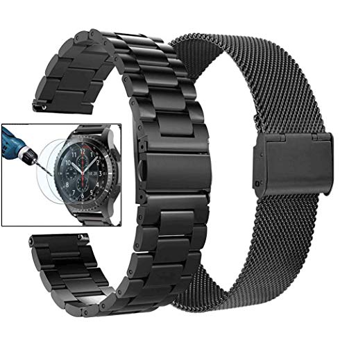 Product Cover Valkit Compatible with Gear S3 Frontier Bands, 22mm Solid Stainless Steel Metal Watch Band Business Bracelet Strap+Screen Protector Replacement for Gear S3 Frontier/Classic/Galaxy Watch 46mm, Black