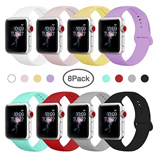 Product Cover BMBMPT Smart Watch Band Compatible with Apple Watch 38mm 40mm 42mm 44mm,Soft Silicone Strap Replacement Wristbands for Watch Series 4/3/2/1(8 Pack 38mm/40mm S/M)