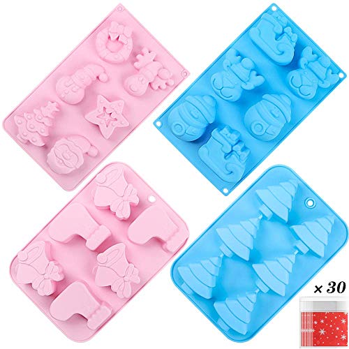 Product Cover YGEOMER 4 6-Cavity Christmas Silicone Soap Molds, 15 Patterns for Making Fondants, Cakes, Handmade Soaps for Party Xmas Gift,with Shape of Christmas Tree, Socks, Bells, Snowman