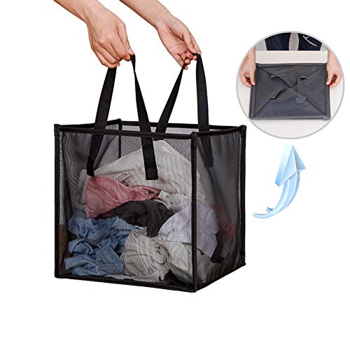 Product Cover Laundry Hamper Bag with Handles,Portable &Collapsible Dirty Clothes Mesh Basket Foldable for Washing Storage, Kids Room,Dorm or Travel (Black, Single-Layer)