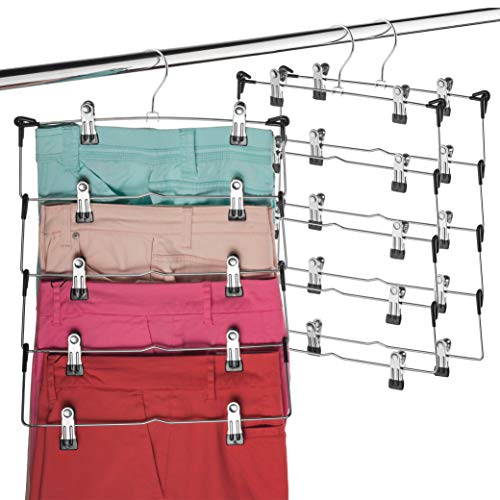 Product Cover Space Saving 5 Tier Metal Skirt Hanger with Clips (3 Pack) Hang 5-on-1, Gain 70% More Space, Rubber Coated Hanger Clips, 360 Swivel Hook, Adjustable Clips Pants Hanger, Hang Slack,Trouser,Jeans,Towels