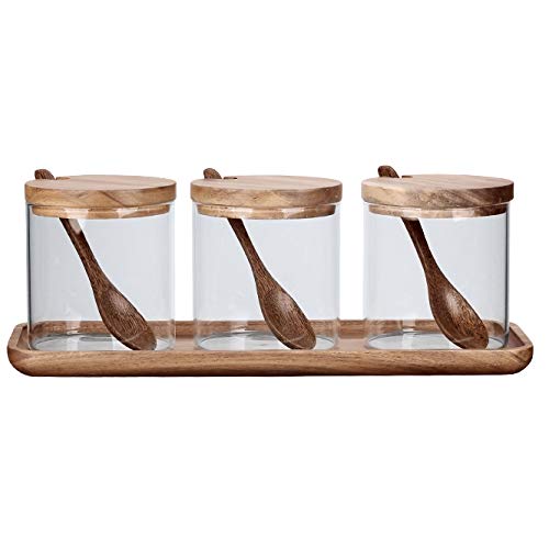 Product Cover Kitchen Canister With 3pc Glass Spice Condiment Jars Sugar Can Food Storage Containers with Wood Lids and Wooden Spoon for Coffee Spice Storage Container