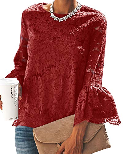 Product Cover Valphsio Women's Vintage Flare Sleeve Crochet Floral Lace Blouse Tops Embroidery Shirt Burgundy