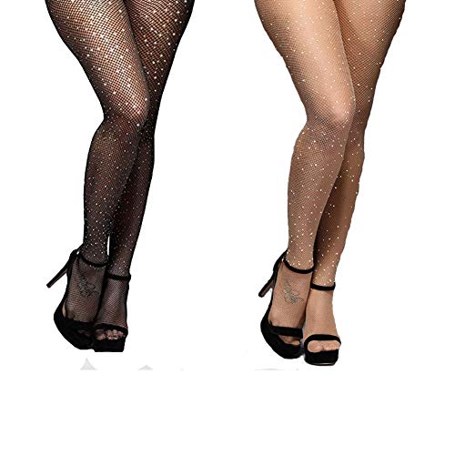 Product Cover 2Pairs Fishnet Stockings Rhinestone High Waist Tights Pantyhose Sparkle Glitter Crystal Small Mesh Stockings(Black & Beige), Large