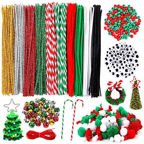 Product Cover Outuxed 650 Pieces Christmas Pipe Cleaners Sets, Including 180 Pcs Pipe Cleaners, 200 Pcs Pom Poms, 120 Pcs Wiggle Googly Eyes, 100Pcs Beads and 50 Pcs Mixed Color Jingle Bells for DIY Craft Supplies