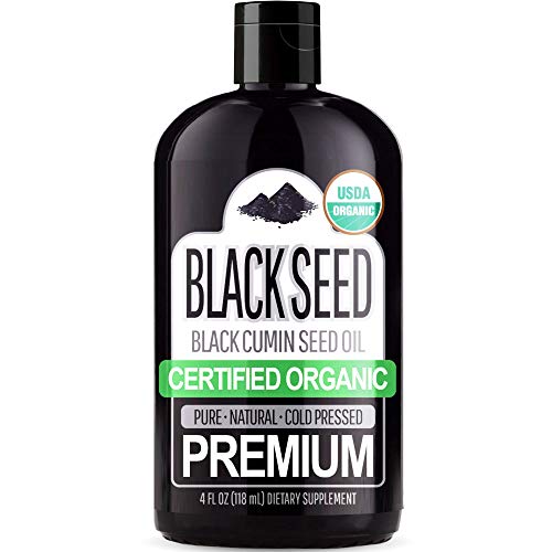 Product Cover Organic Black Seed Oil (100% Pure & Natural Black Cumin Seed Oil - USDA Certified Organic) Cold Pressed, Premium Quality Free of Toxins, Heavy Metals, Pesticides, and Other Harmful Chemicals - 4oz Bot