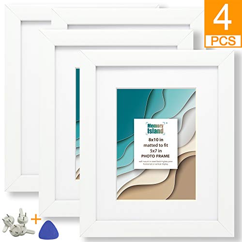 Product Cover Memory Island, 8x10 Picture Frames with 5x7 Mat, Display 5x7 Photos with Mat or 8x10 Without Matte. Set of 4 Pack for Wall or Tabletop, White Frames for Home Decor or Gift.