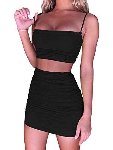 Product Cover BEAGIMEG Women's Ruched Cami Crop Top Bodycon Skirt 2 Piece Outfits Dress Black