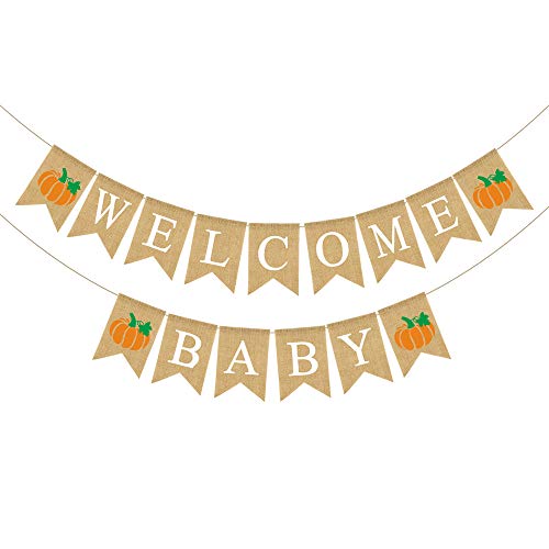 Product Cover Rainlemon Jute Burlap Welcome Baby Banner with Pumpkin Fall Baby Shower Party Garland Decoration