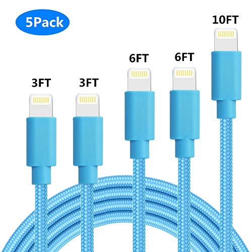 Product Cover SHARLLEN iPhone Charger Cable MFi Certified Lightning Cable 5 Pack[3/3/6/6/10ft]Long Nylon Braided USB iPhone Data Cable Fast Charging Cord Compatible IPhone XS/XR/MAX/X/8/8Plus/7/iPad and More (Blue)
