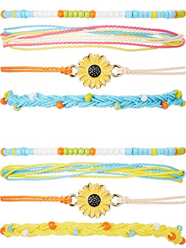 Product Cover 2 Sets Braided Rope Bracelets Handmade Sunflower Bracelets Beaded Boho Waterproof Bracelets Friendship Bracelets for Women Girls (Yellow, Light Blue)