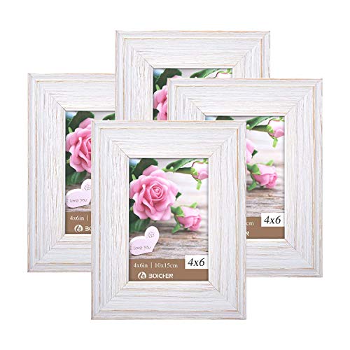 Product Cover Boichen 4x6 Picture Frames Rustic Solid Wood High Definition Glass for Tabletop Display and Wall Mounting Photo Frame White 4 Pack