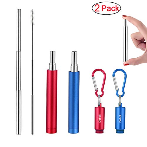 Product Cover 2 Pack Reusable Metal Straws Collapsible Stainless Steel Drinking Straw Portable Telescopic Straw with Case Red/Blue