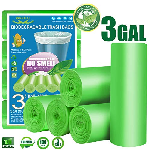 Product Cover OKKEAI 3 Gallon Biodegradable Small Trash Bags,100 Counts Small Garbage Bags Leak Proof Compostable Bags Wastebasket Liners Bags for Bathroom Kitchen Bedroom Living Room Office,Green