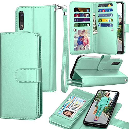 Product Cover Galaxy A50 Case, Galaxy A50 Wallet Case, Luxury Cash Credit Card Slots Holder Carrying Folio Flip PU Leather Cover [Detachable Magnetic Hard Case] & Kickstand Compatible Samsung Galaxy A50 [Turquoise]
