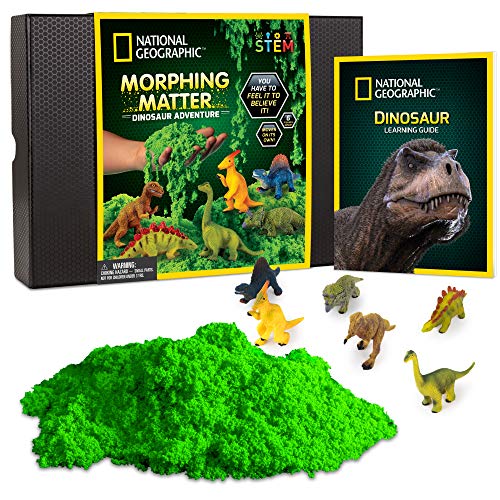 Product Cover NATIONAL GEOGRAPHIC Morphing Matter Dinosaur Kit - 3 Cups of Morphing Matter, 6 Dinosaur Figures, Package Converts Into Play Setting, Astounding Kinetic Sensory Activity for Kids