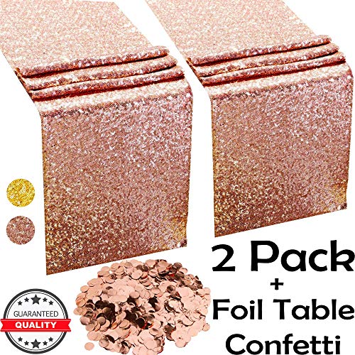 Product Cover Rose Gold Table Runners x2 (12 x 108 inch) and Confetti (PREMIUM QUALITY) for Bachelorette Party, Bridal Shower Decorations, Wedding Decor Sequin Runner Baby Girl Birthday Parties, Tables Supplies