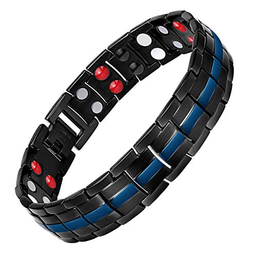 Product Cover Feraco Mens Health Magnetic Bracelet for Arthritis Pain Relief with Double-Row 4 Elements Elegant Blue Line Bracelets, Black