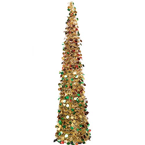 Product Cover MACTING 5ft Pop up Christmas Tinsel Tree with Stand Easy-Assembly Tinsel Coastal Glittery Christmas Tree for Holiday Xmas Decorations (Gold-Mix)