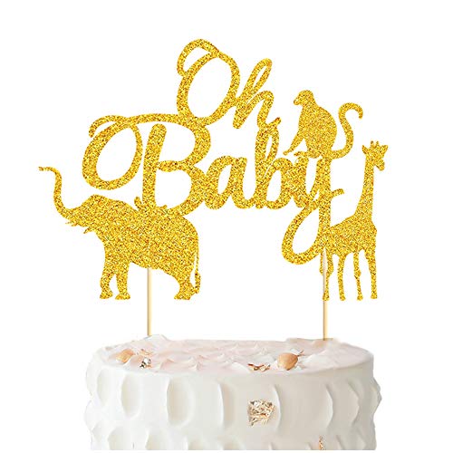 Product Cover Oh Baby Cake Topper - BUSOHA Gold Glitter Jungle Wild Safari Animal Cake Picks For Baby Showers and Boys Girls Gender Reveal Parties Cake Decorations