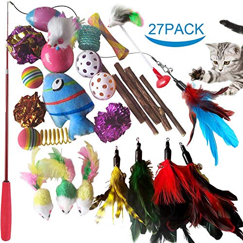Product Cover SenYoung 27PCS Cat Toys Kitten Toys, Interactive Cat Toy Set including Cat Teaser Wand, Catnip Fish, Cat Teather Toy, Feather Mice, Silvervine Chew Stick
