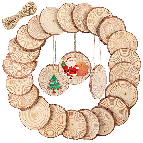 Product Cover CEWOR Natural Wood Slices 36pcs 2.4-2.8 Inches Unfinished Craft Wood kit Predrilled with Hole and 33ft Jute Twine Wooden Circles for Crafts Christmas Ornaments Arts DIY Rustic Wedding