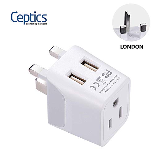 Product Cover UK Travel Adapter Plug by Ceptics - with 2 USB + USA Socket Input - Type G - Ultra Compact - Safe Grounded Perfect for Cell Phones, Laptops, Camera Chargers