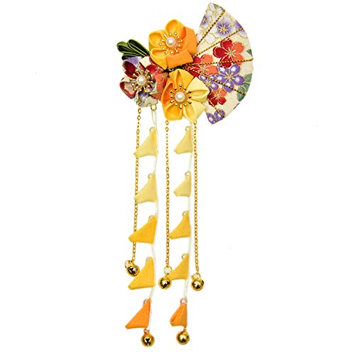 Product Cover Pomeat Japanese Kimono Flower Hair Clip Kanzashi Hair Ornament Tie Band Clip for Womens Girls Kimono Hanfu Accessories - Yellow