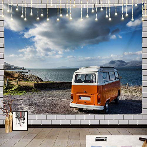 Product Cover Batmerry Vintage Camping Tapestry, November Vintage Camper Wild Way Bus Camping Picnic Mat Beach Towel Wall Art Decoration for Bedroom Living Room Dorm, 51.2 x 59.1 Inches, Green Orange White