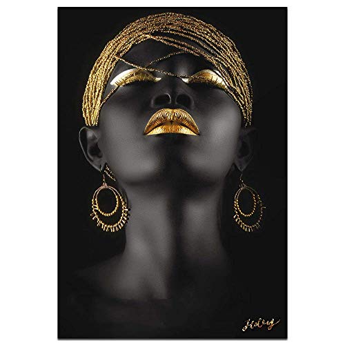 Product Cover Wall Art African American Art Wall Decor Canvas Wall Art Original Designed Pop Gold Earrings Necklace Black Pretty Girl Style Painting on Canvas Poster Print Without Frame (28x40 inch affiche)