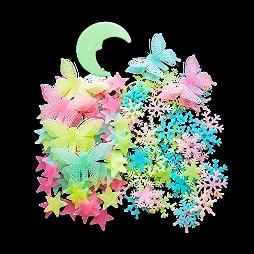 Product Cover 307 Pcs Glow in Dark Stars,Moon,Snowflake and Butterfly- Bright Multicolor Wall Stickers for Ceiling Decals-Bedroom Living Room Decor Kit for Kids Boys Girls