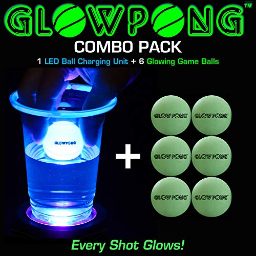 Product Cover GLOWPONG Combo Pack - 1 LED Ball Charging Unit + 6 Glowing Game Balls for Indoor Outdoor Nighttime Glow-in-The-Dark Beer Pong Drinking Game Fun and General Purpose Neon Glowing Party Game Competition