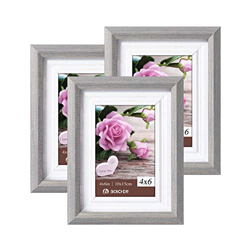 Product Cover Boichen 4x6 Picture Frames Rustic Solid Wood High Definition Glass for Tabletop Display and Wall Mounting Photo Frame Gray Brown 3 Pack