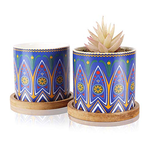 Product Cover Succulent Planter, 3.23 Inch Cylinder Mandalas Style Ceramic Planter for Cactus, Succulent Planting, with Drainage Hole, Bamboo Trays (2 Pack Blue 3.23 inch)