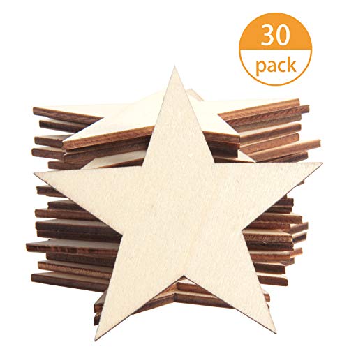 Product Cover SBYURE 30 Pack Unfinished Wood Cutout 3 Inch Wooden Star Cutouts Unfinished Star Shaped Wood Pieces for Wooden Craft DIY Projects,Home Decoration,Gift Tags