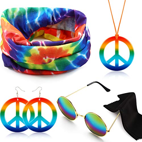 Product Cover Hicarer Hippie Costume Set Include Sunglasses, Headband, Peace Sign Necklace and Earring (Rainbow Colorful Style)