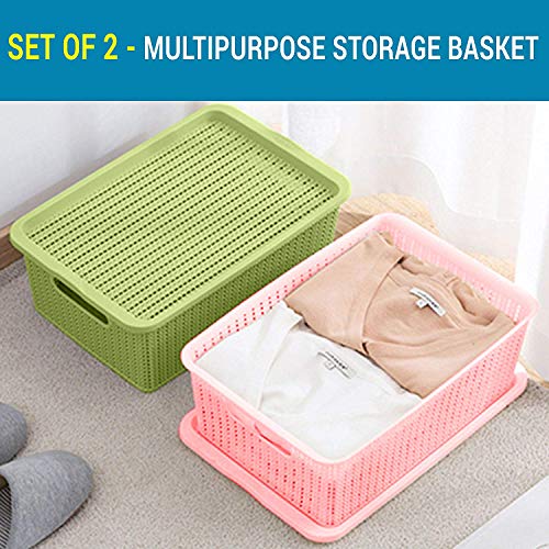 Product Cover TIED RIBBONS Set of 2 Flexible Plastic Tapered Hollow Basket Container Organizer Storage Box with Lid for Clothes Bathroom Kitchen Vegetables and Fruit Storage (36X11X22 cm, 8 LTR)