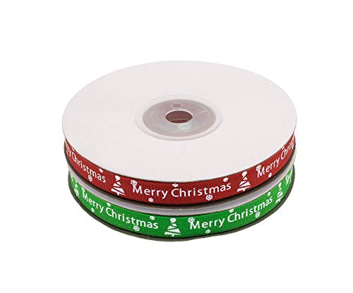 Product Cover ATRibbons 50 Yards 3/8 Inch Merry Christmas Printing Grosgrain Ribbon Christmas Red and Green Ribbons for Gift Wrapping and Holiday Decorations,25 Yards/Spool x 2 spools (Red+Green)