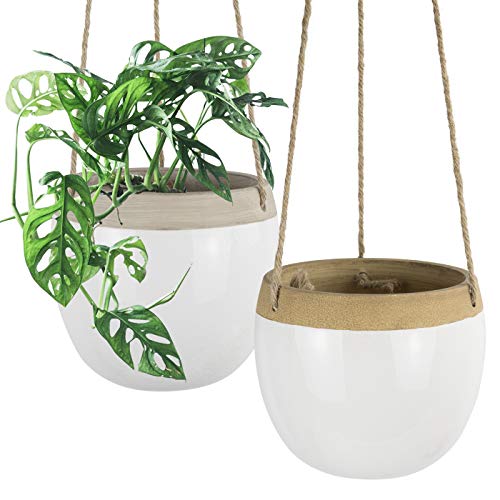 Product Cover Ceramic Hanging Planters Plant Pots - 5.5 Inch White Indoor Hanging Pots Modern Plant Holder with Jute Rope for Succulents Cactus Herbs Small Plants, Home Decor Gift, Set of 2