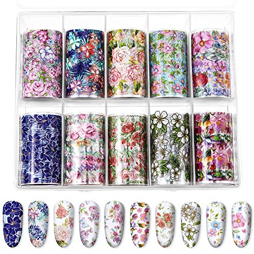 Product Cover 10 Sheets Fashion Art Nail Foil Transfer Stickers, Nail Decals Transfer Foil Box, DIY Decoration for Women and Kids, 10 Colors (Flower Patterns)
