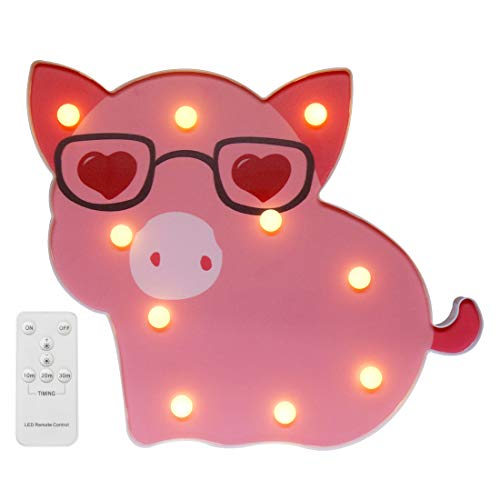 Product Cover LED Pig Marquee Signs - Remote Timer Dimmable Piggy Decor Night Light Table Lamp for Child, Kids, Girls, Bedroom, Home Decorations - Pig