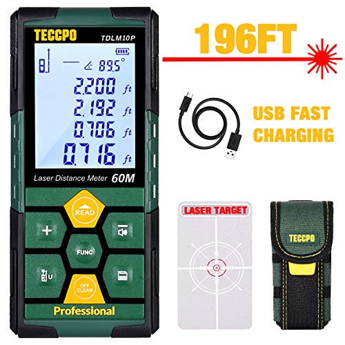Product Cover Laser Measure 196ft TECCPO Pro with Li-ion Battery, 99 Sets Data Storage, Electronic Angle Sensor, 2.25' LCD Backlit, Mute Function, Measure Distance, Area, Volume and Pythagoras - TDLM10P