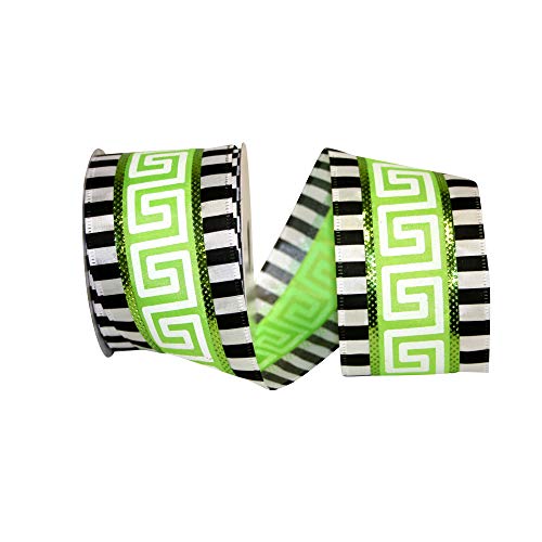 Product Cover Reliant Ribbon 92325W-204-40F Greek Key Black/White Wired Edge Ribbon, 2-1/2 Inch X 10 Yards, Lime