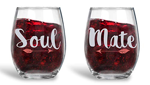 Product Cover Soul Mate - 15oz Crystal Wine Glasses - Couples Stemless Wine Glasses - His And Hers Gifts Ideas For Anniversary, Weddings, Bridal Showers