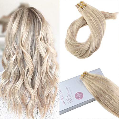 Product Cover Moresoo 18 Inch PU Tape in Hair Extensions Color #18 Ash Blonde Highlighted with #613 Blonde 100g/40pcs Invisible Seamless Skin Weft Human Hair Extensions Glue on Tape on Extensions