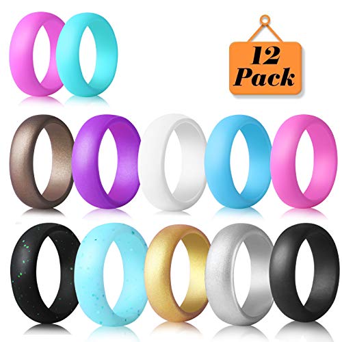 Product Cover QVOW Silicone Wedding Rings for Women, 12/7/ 4/3/ 1 Packs, Thin Affordable Stackable Rubber Wedding Bands for Athletes, Workout, Fitness, Gym, Exercise, Width: 3.0mm 5.7mm, Size: 4-10